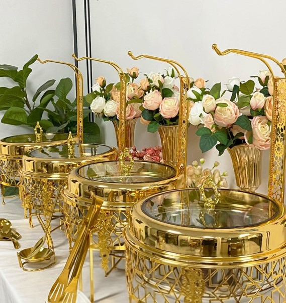 8L gold-plated stainless steel round chafing dish with hanging lids