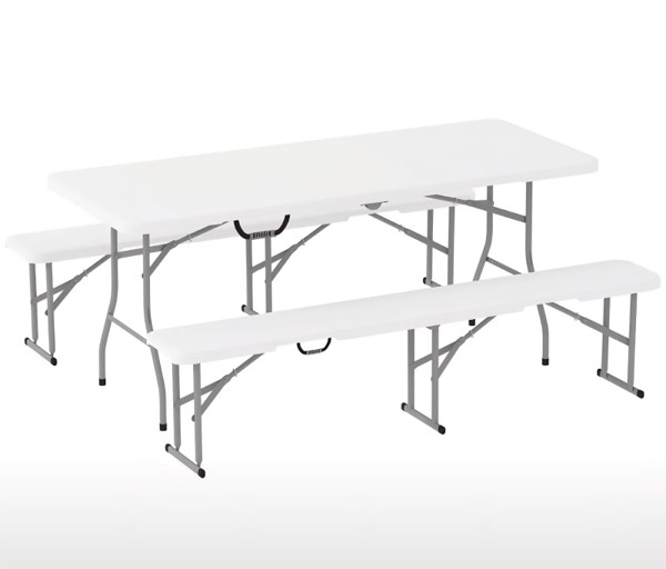 Table and Bench set (White), 3-piece, Foldable 6ft