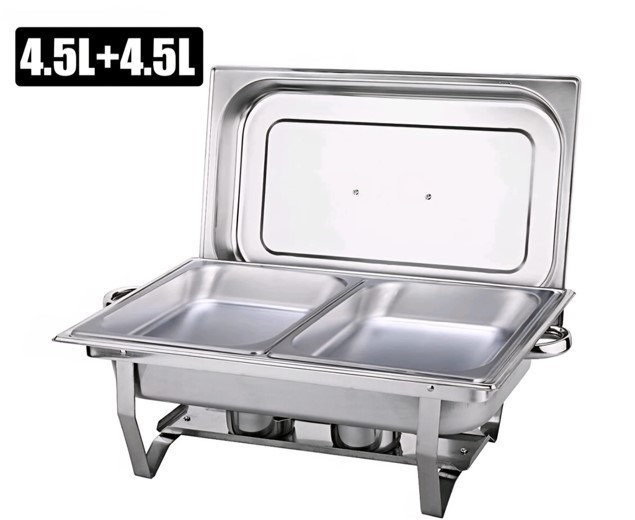 9L silver stainless steel rectangular ‘double compartment’ chafing dish set.